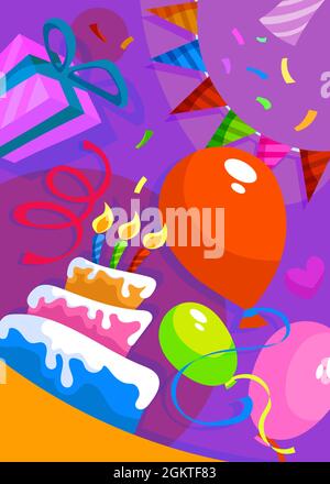 Happy Birthday Poster mit Kuchen und Dekorationen. Weihnachtskarte im Cartoon-Stil. Stock Vektor