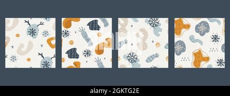 Set von abstrakten Winterhintergründen. Niedliches Nahtmuster für das Design. Dekorative Repeating Elemente Weihnachten oder Neujahr Motiv. Trendige Handzeichnung Stock Vektor