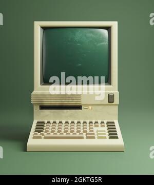 Ein klassischer Desktop-Computer aus den 1980er Jahren mit leicht gelbfärbigen beigefarbenen Kunststoffen und monochromem Monitor. 3D-Illustration. Stockfoto
