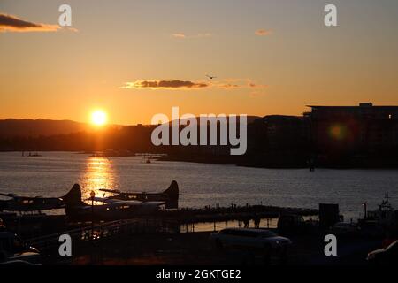 Sonnenuntergang über den Wasserflugzeugen des Hafens von Victoria in British Columbia in Kanada Stockfoto