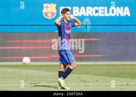 Fabian Luzzi (Barcelona), 14. SEPTEMBER 2021 - Fußball / Fußball : Luzzi feiert nach seinem Tor beim UEFA Youth League Group E Spiel zwischen dem FC Barcelona 2-0 Bayern München im Estadi Johan Cruyff in Sant Joan Despi, Spanien. (Foto von Mutsu Kawamori/AFLO) Stockfoto