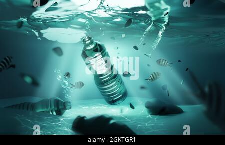 Plastikmüll schwimmt im offenen Ozean unter Wasser. Klima- und Umweltverschmutzung. 3D-Illustration. Stockfoto