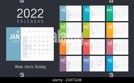 Jahr 2022 farbenfroher minimalistischer Monatskalender auf schwarzem Hintergrund. Die Woche beginnt am Sonntag. Vektorvorlage. Stock Vektor