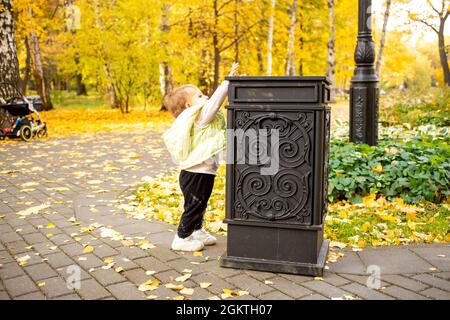 Kleine Kleinkinder wirft Müll in den Abfalleimer im Herbstpark. Einbringen kultureller Normen von Geburt an Stockfoto