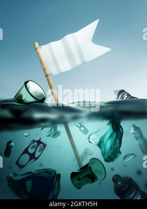 Plastikmüll schwimmt im offenen Ozean mit einer weißen Flagge der Kapitulation. Klima- und Umweltverschmutzung durch Plastik. 3D-Illustration. Stockfoto