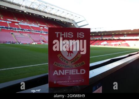 15. September 2021; Anfield, Liverpool, England; UEFA Champions League Football, Liverpool gegen AC Mailand; heute Abend &#x2019;s Spielprogramm Stockfoto