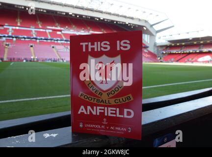 15. September 2021; Anfield, Liverpool, England; UEFA Champions League Football, Liverpool gegen AC Mailand; das Spielprogramm Stockfoto