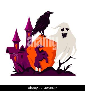 Auferstanden von den Toten - Cartoon-Stil farbige Illustration. Knöcherne Zombie Hand auf dem Hintergrund eines Grabsteins umgeben von gruseligen Geist, schwarze Krähe und Stock Vektor