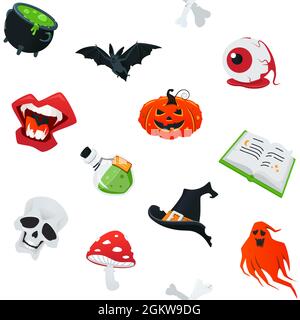Happy Halloween - moderne Vektor bunte nahtlose Muster. Hintergrund mit Herbstferien Elemente. Kürbis, Fledermaus, Reißzähne, Grinsen, Trank, geist, Kessel Stock Vektor