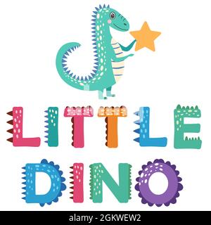 Dino. Dinosaurier-Schriftzug. Helle moderne Illustration für Kinder, Kindergarten, Poster, Karte, Geburtstagsfeier Verpackung Papier Design Stock Vektor