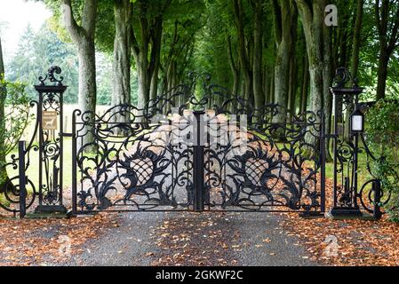 Opwijk, Flämisch-Brabant - Belgien - 09 12 2021: Dekoriertes Tor und eine Allee von Bäumen im Herbst Stockfoto