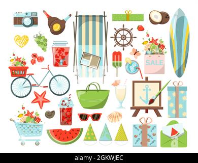 Ein Big Vector Sommer Set. Zubehör für Strandurlaub am Meer. Flaches Design Illustration für Werbung, Web, Flyer und Banner. Satz von Cartoon-Symbolen Stock Vektor