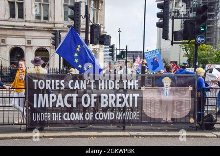 London, Großbritannien. September 2021. Demonstranten mit Plakaten gegen den Brexit und einer EU-Flagge stehen während der Demonstration hinter einem Banner, das die Tories und den Brexit kritisiert.Demonstranten versammelten sich vor dem Parlament, um gegen Boris Johnson, die Tory-Regierung und den Brexit zu protestieren. (Foto: Vuk Valcic/SOPA Images/Sipa USA) Quelle: SIPA USA/Alamy Live News Stockfoto