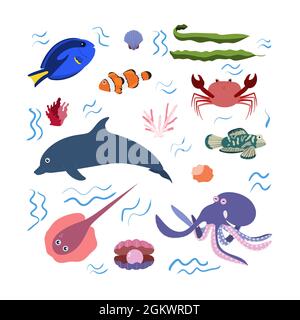 Design-Vorlage mit Meerestier im Quadrat für Kinder drucken. Rechteckige Zusammensetzung von Meerestieren, Delphinen, Kraken und Krabben, Algen und Fischen. Vektor-Set von Unterwasserleben im Cartoon-Stil. Stock Vektor
