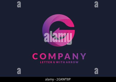 Logotyp Buchstabe G , Monogramm Logo Design Buchstabe G mit Pfeil in lila Farbe isoliert blauen Hintergrund, Vektor Grafik Logo Design-Element Stock Vektor
