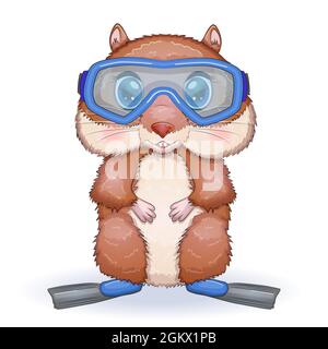 Niedlicher Hamster in Flossen und Brille, Sommer-Konzept, Hamster Cartoon-Figuren, lustige Tierfigur. Stock Vektor