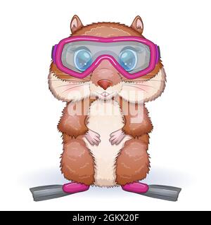 Niedlicher Hamster in Flossen und Brille, Sommer-Konzept, Hamster Cartoon-Figuren, lustige Tierfigur. Stock Vektor