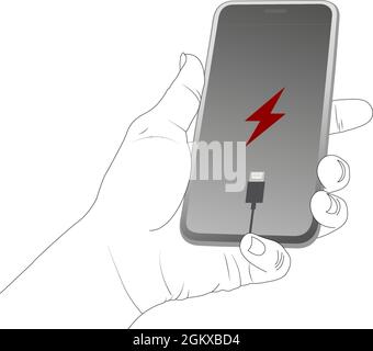 Niedriger Akkustand, Smartphone, Tablet, g/m2, Drahtmodell, Tasche, Laden, Ladegerät, Ladeadapter, weniger Leistungsvektor, Abbildung. Stock Vektor
