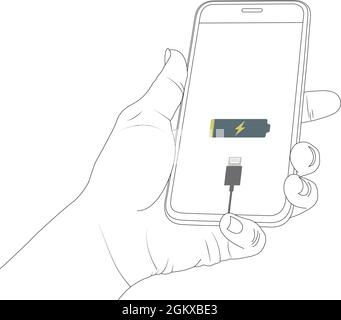 Niedriger Akkustand, Smartphone, Tablet, g/m2, Drahtmodell, Tasche, Laden, Ladegerät, Ladeadapter, weniger Leistungsvektor, Abbildung. Stock Vektor