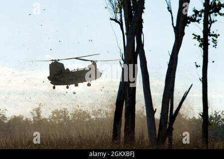 Eine australische Armee CH-47 landet während der Übung Talisman Sabre 2021 an einem Aufrüster- und Auftankpunkt in Camp Growl, Queensland, Australien. TS 21 unterstützt die nationale Verteidigungsstrategie der USA, indem wir unsere Fähigkeit verbessern, das Heimatland zu schützen und kampfglaubwürdige Kräfte bereitzustellen, um das gesamte Spektrum potenzieller Sicherheitsbedenken im Indo-Pazifik-Raum zu bewältigen. Stockfoto