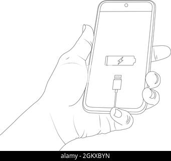 Niedriger Akkustand, Smartphone, Tablet, g/m2, Drahtmodell, Tasche, Laden, Ladegerät, Ladeadapter, weniger Leistungsvektor, Abbildung. Stock Vektor