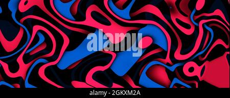 Heller mehrfarbiger gekrümmter Linienhintergrund. Glänzendes Neon-Wellenmuster. Abstrakte psychedelische Illustration. Breitformat, 3d-Rendering Stockfoto