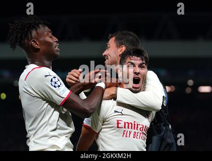 Brahim Diaz von AC Milan feiert das zweite Tor seiner Mannschaft während des UEFA Champions League-Spiels der Gruppe B in Anfield, Liverpool. Bilddatum: Mittwoch, 15. September 2021. Stockfoto