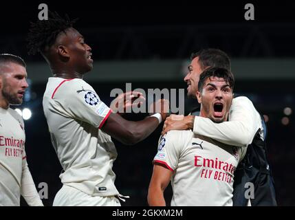 Brahim Diaz von AC Milan feiert das zweite Tor seiner Mannschaft während des UEFA Champions League-Spiels der Gruppe B in Anfield, Liverpool. Bilddatum: Mittwoch, 15. September 2021. Stockfoto