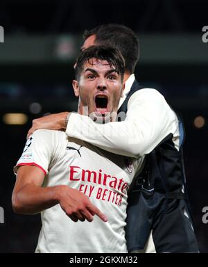 Brahim Diaz von AC Milan feiert das zweite Tor seiner Mannschaft während des UEFA Champions League-Spiels der Gruppe B in Anfield, Liverpool. Bilddatum: Mittwoch, 15. September 2021. Stockfoto