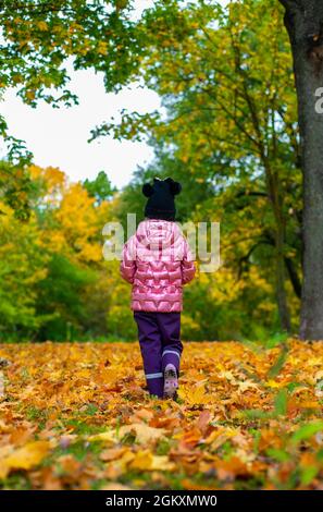 Ein Mädchen geht durch den Park der gelben Blätter liegen auf Stockfoto