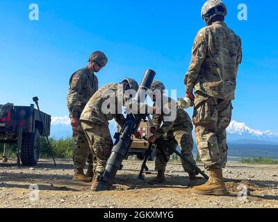 Infanteristen mit indirektem Feuer mit dem 1. Bataillon der Alaska Army National Guard führte das 297. Infanterie-Regiment im Juli 19 im Donnelly Training Center in der Nähe von Fort Greely, Alaska, ein Live-Feuer-Training auf verschiedenen Waffensystemen durch. Stockfoto