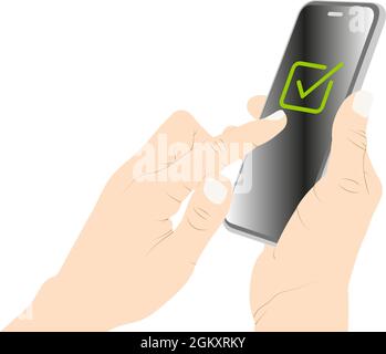 Aktivieren Sie mit dem Finger auf dem Smartphone-Bildschirm, Erfolg, bestätigen, Smartphone, mit einem Telefon Vektor Stock Illustration. Stock Vektor