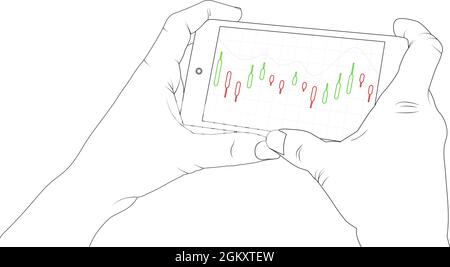 Wirtschaft auf Telefonbildschirm, Smartphone, Bitcoin, Finanzgrafik, Diagramm, Mit einem Telefon, Economy Vektor Stock Illustration. Stock Vektor