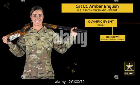 Die US Army Reserve 1st LT. Amber English aus Colorado Springs, Colorado, wird beim Tokyo gegen Women’s Skeet antreten. Die Qualifikationsrunden finden sowohl am 25. Als auch am 26. Juli statt. Mit dem Zeitunterschied werden die Finals vom Juli 26 gegen 1:50 Uhr EST veröffentlicht. (Englisch ist auch Teil des World Class Athlete Program der US-Armee.) (Der direkte Link zur Berichterstattung der NBC über die Finals ist https://stream.nbcolympics.com/shooting-shotgun-finals.) Stockfoto