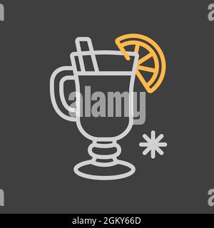 Glühwein mit orangefarbener Scheibe und Zimt-Stick-Vektor-Symbol auf dunklem Hintergrund. Winterschild. Graph-Symbol für Reise- und Tourismus-Website und Apps de Stock Vektor