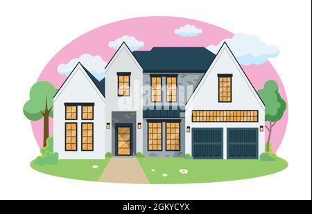 Cartoon Haus außen mit blauen bewölkten Himmel Front Home Architektur Konzept flache Design Stil. Vector Illustration der Fassade Gebäude Stock Vektor