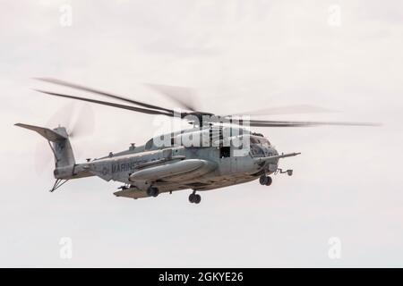 Ein CH-53E Superhengst mit schwerem Marine-Hubschrauber-Geschwader 772 nähert sich während der Integrated Training Exercise (ITX) 4-21 im Marine Corps Air Ground Combat Center Twentynine Palms, Kalifornien, am 28. Juli 2021 einer Landezone. HMH-772 unterstützt die Marine Air Ground Task Force 25 als Teil des Aviation Combat Elements während der ITX und bietet Truppentransport- und Schwerlastfähigkeiten. Stockfoto