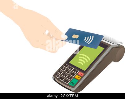 Kontaktloses Bezahlen mit menschlicher Hand, nfc, Kreditkartenkauf, Zahlung, Tippen auf Vektorgrafik Stock Vektor