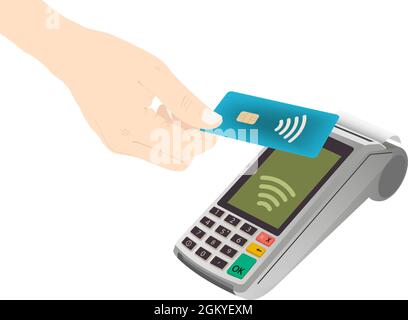 Kontaktloses Bezahlen mit menschlicher Hand, nfc, Kreditkartenkauf, Zahlung, Tippen auf Vektorgrafik Stock Vektor