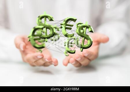 3d-Darstellung von grünen Euro- und Dollar-Symbolen in einem Schema in menschlichen Händen auf weißem Hintergrund Stockfoto