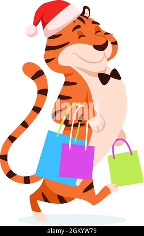 Cartoon Happy Tiger in Santa Hut mit Einkaufstasche Stock Vektor