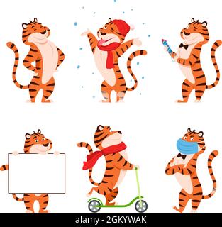 Entzückende Tiger-Kollektion auf weißem Hintergrund. Stock Vektor