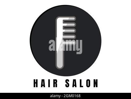 Digital generiertes Bild des Friseursalons mit Kamm-Symbol auf rundem Banner vor weißem Hintergrund Stockfoto