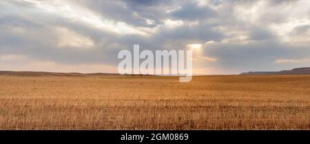 Panoramablick vom geernteten Weizenfeld mit teilweise bewölktem Himmel und Sonnenlicht, das durch die Provinz Kurdistan, iran, geht Stockfoto