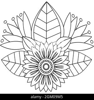 Blumenbild in schwarz-weiß für Erwachsene Malbücher. Malseite von monochromen Blumen und Blättern. Kritzelmuster Stock Vektor