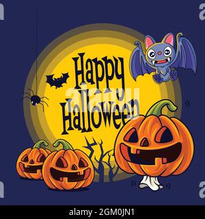 Frohe Halloween. Cartoon niedlich Jack O Laterne orange Kürbis und Fledermaus-Zeichen mit großen Gruß Schild Stock Vektor