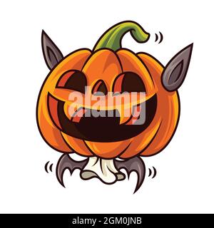 Happy halloween mit Cartoon niedlichen lustigen Kürbis trägt Fledermaus Kostüm. Vektorzeichen Stock Vektor