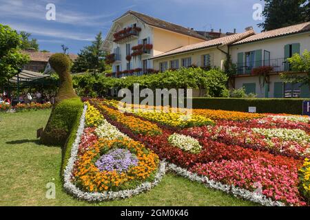 FRANKREICH HAUTE-SAVOIE (74) YVOIRE, BLUMENVÖGEL IM ÖFFENTLICHEN PARK DER STADT Stockfoto