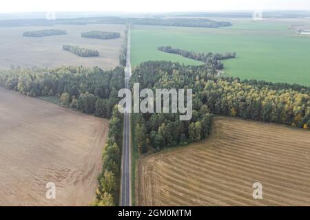 Luftaufnahme der Landstraße, die durch die landwirtschaftlichen Felder auf dem Land an nebligen Herbstmorgen führt Stockfoto