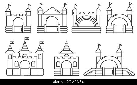 Set von Hüpfburg aufblasbare Burg. Turm und Ausrüstung für Kinderspielplatz. Vektordarstellung Stock Vektor